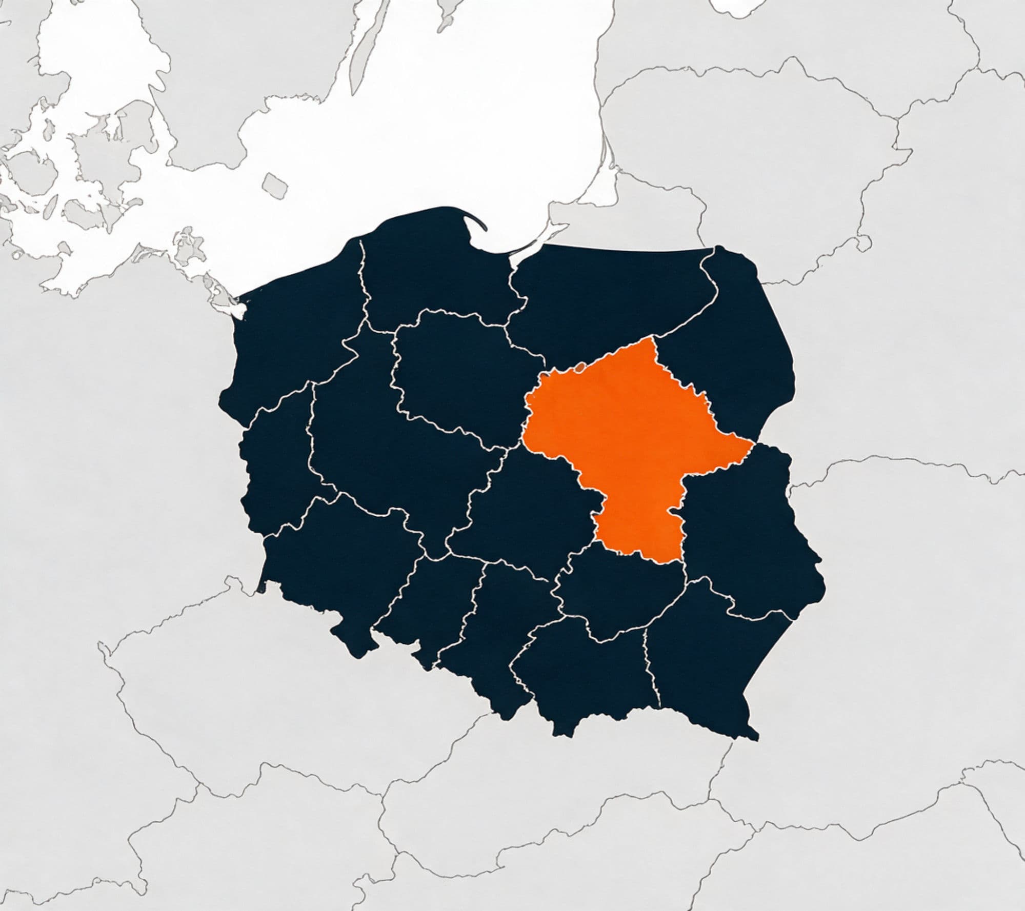 Mapa Polski: województwo mazowieckie zaznaczone na pomarańczowo jako nasza baza, pozostałe województwa na granatowo jako obszar, w którym również pracujemy.